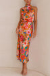 Moxidress Tie Back Halter Sleeveless Waisted Maxi Floral Dress