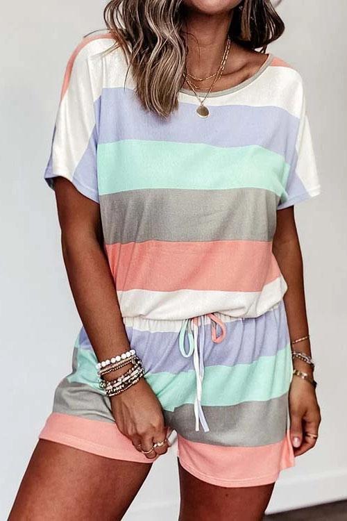 Moxidress Crewneck Color Block Striped Drawstring Romper