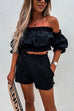 Moxidress Ruffle Off Shoulder Short Sleeves Crop Top Elastic Waist Shorts Set