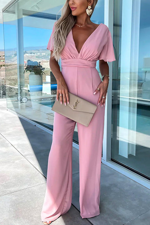 Moxidress Deep V Neck Ruffle Sleeve High Waist Wide Leg Jumpsuit