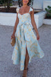 Moxidress Ruffled Shoulder Bow Knot Waist Slit Printed Vintage Party Dress