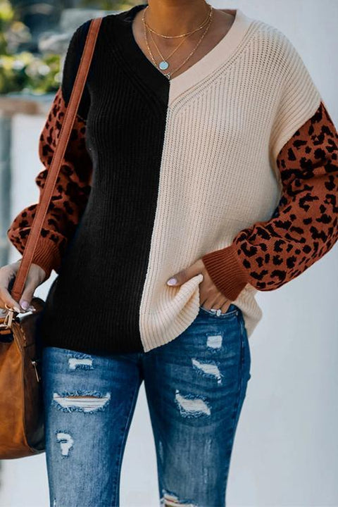 Moxidress V Neck Leopard Splice Color Block Cozy Sweater