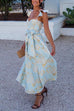 Moxidress Ruffled Shoulder Bow Knot Waist Slit Printed Vintage Party Dress