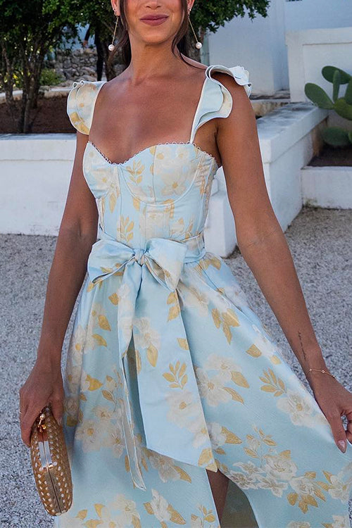 Moxidress Ruffled Shoulder Bow Knot Waist Slit Printed Vintage Party Dress