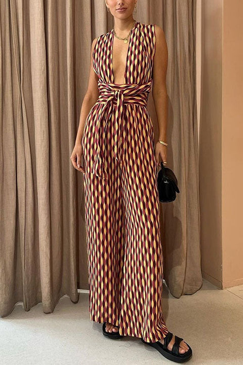 Moxidress Chic Back Criss Cross Knot Waist Wide Leg Printed Jumpsuit