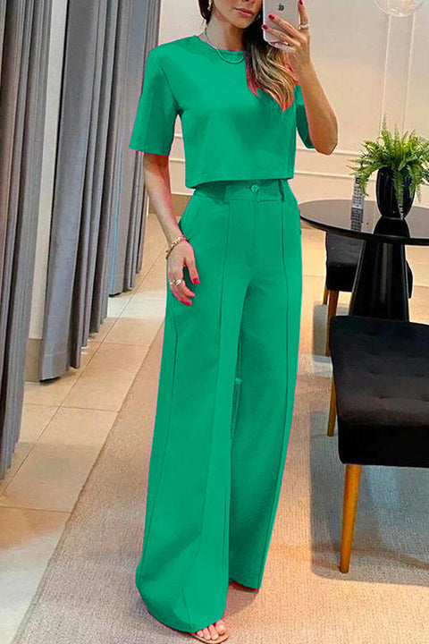 Moxidress Crewneck Short Sleeve Crop Top Wide Leg Palazzo Pants Outfits Set