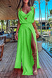 Moxidress V Neck High Slit Maxi Cover Up Dress with Crop Cami Top Beach Set