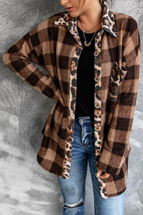 Moxidress Long Sleeve Leopard Splice Plaid Shirt Coat