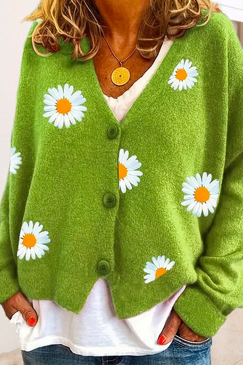 Moxidress V Neck Button Up Daisy Embroidery Sweater Cardigan