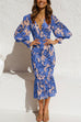 Moxidress V Neck Lantern Sleeve Printed Ruffle Dress