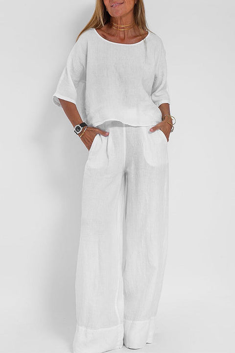 Moxidress Round Neck 3/4 Sleeves Pullovers Wide Leg Pants Cotton Linen Set