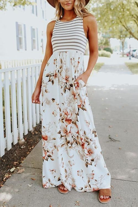 Moxidress Stripes Splice Floral Printed Maxi Dress