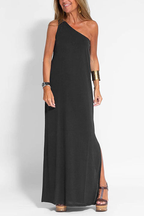 Moxidress Sleeveless One Shoulder Side Split Maxi Dress