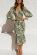 Moxidress V Neck Lantern Sleeve Printed Ruffle Dress