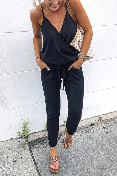 Moxidress Cross V Neck Tie Waist Cami Jumpsuits