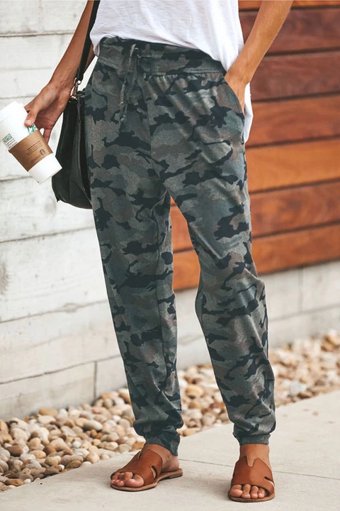 Moxidress High Waist Drawstring Camo Casual Pants