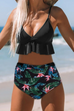 Moxidress V Neck High Waist Ruffle Printed Swimwear Set