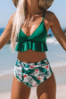 Moxidress V Neck High Waist Ruffle Printed Swimwear Set