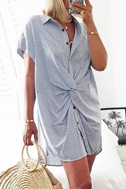 Moxidress Short Sleeve Twist Knot Striped Shirt Dress